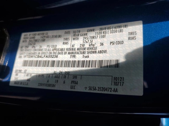 2020 Ford F-150 XL with VIN 1FTEW1CB4LFA55236, listed as a Copart auction lot 45513985 with 129,776 mi miles and Non Repairable. Bid and sale history available at carsss.com. Image 13.