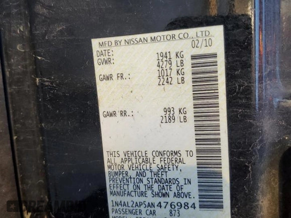 2010 Nissan Altima 2.5 SL with VIN 1N4AL2AP5AN476984, listed as a Copart auction lot 44105505 with 205,245 mi miles and Salvage Title. Bid and sale history available at carsss.com. Image 13.
