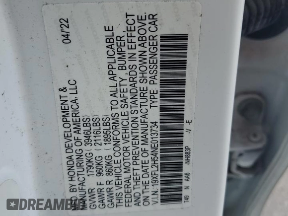 2022 Honda Civic LX z VIN 19XFL2H54NE013734, wystawiony jako Copart lot #44758265 z przebiegiem 55 640 mil mil oraz Szkoda całkowita • Salvage title. Historia ofert i sprzedaży dostępna na DreamBid. Obrazek 12.