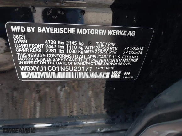 2022 BMW X2 xDrive28i with VIN WBXYJ1C01N5U20171, listed as a IAAI auction lot 41284932 with 64,256 mi miles. Bid and sale history available at carsss.com. Image 9.