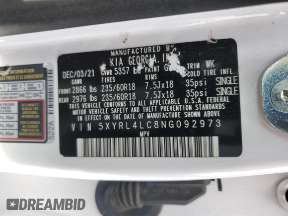 2022 Kia Sorento S with VIN 5XYRL4LC8NG092973, listed as a Copart auction lot 53808575 with 77,848 mi miles and Salvage title. Bid and sale history available at DreamBid. Image 13.