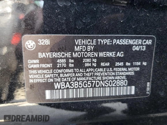 2013 BMW 3 Series 328i xDrive with VIN WBA3B5G57DNS02880, listed as a Copart auction lot 53561335 with 85,989 mi miles and Salvage title. Bid and sale history available at DreamBid. Image 12.