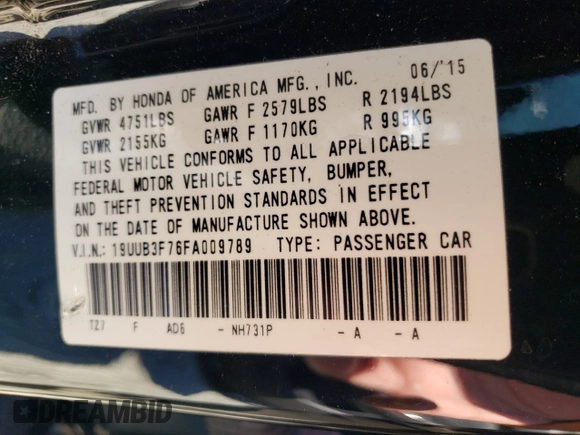 2015 Acura TLX V6 Advance with VIN 19UUB3F76FA009789, listed as a Copart auction lot 47651305 with 218,495 mi miles and Salvage Title. Bid and sale history available at carsss.com. Image 12.