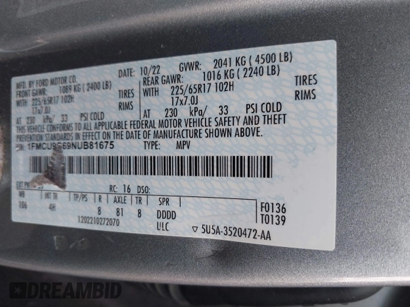 2022 Ford Escape SE with VIN 1FMCU9G69NUB81675, listed as a IAAI auction lot 41950508 with 49,841 mi miles. Bid and sale history available at carsss.com. Image 9.