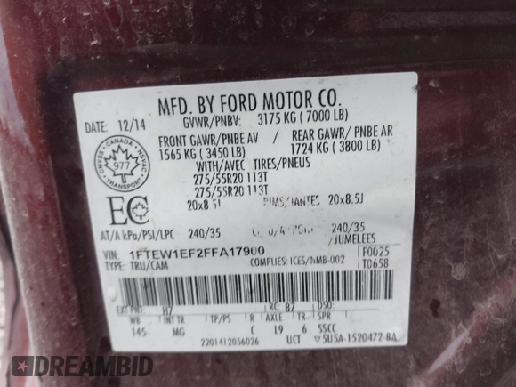 2015 Ford F-150 XLT with VIN 1FTEW1EF2FFA17900, listed as a IAAI auction lot 40927904 with 119,105 mi miles. Bid and sale history available at carsss.com. Image 9.
