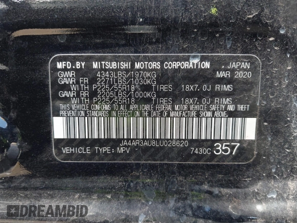 2020 Mitsubishi Outlander Sport ES 2.0 with VIN JA4AR3AU8LU028620, listed as a IAAI auction lot 42176148 with 84,100 mi miles. Bid and sale history available at carsss.com. Image 9.