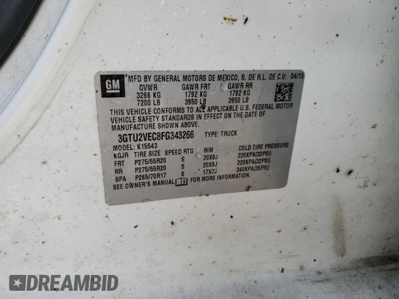 2015 GMC Sierra 1500 SLT with VIN 3GTU2VEC8FG343266, listed as a Copart auction lot 45917455 with Not Provided miles and Salvage Title. Bid and sale history available at DreamBid. Image 12.