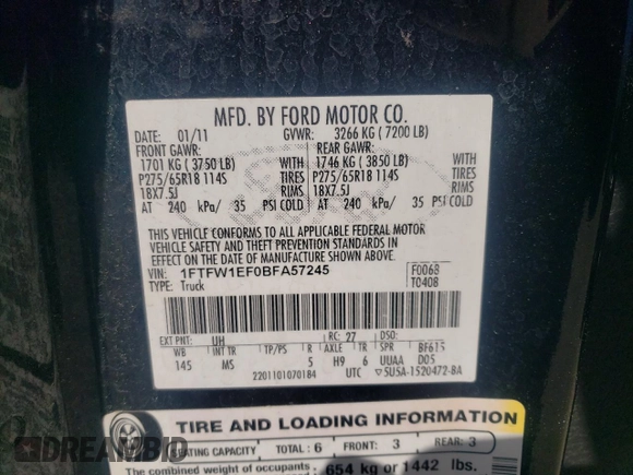2011 Ford F-150 XL with VIN 1FTFW1EF0BFA57245, listed as a Copart auction lot 54592645 with 137,070 mi miles and Salvage title. Bid and sale history available at DreamBid. Image 12.