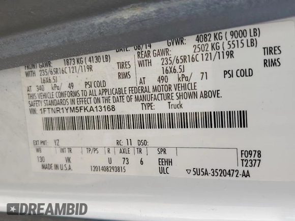 2015 Ford Transit Cargo with VIN 1FTNR1YM5FKA13168, listed as a Copart auction lot 58669105 with 120,267 mi miles and Clean title. Bid and sale history available at DreamBid. Image 13.