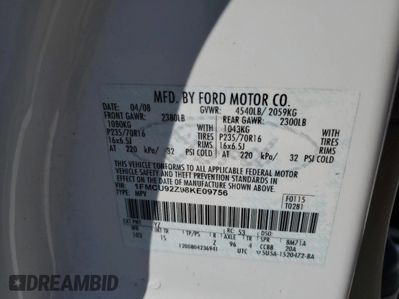 2008 Ford Escape XLS with VIN 1FMCU92Z98KE09756, listed as a Copart auction lot 42639645 with 156,859 mi miles and Salvage title. Bid and sale history available at DreamBid. Image 15.