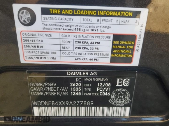 2009 Mercedes-Benz S with VIN WDDNF84XX9A277889, listed as a Copart auction lot 54190355 with 205,362 mi miles and Clean Title. Bid and sale history available at DreamBid. Image 12.