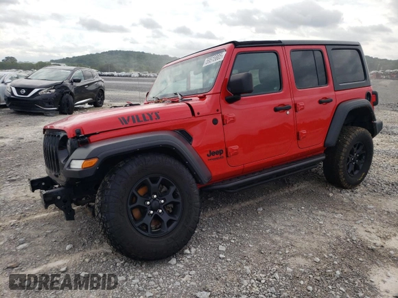 2021 Jeep Wrangler Unlimited Willys with VIN 1C4HJXDG8MW650763, listed as a Copart auction lot 59515805 with 52,749 mi miles and Salvage title. Bid and sale history available at DreamBid. Image 1.