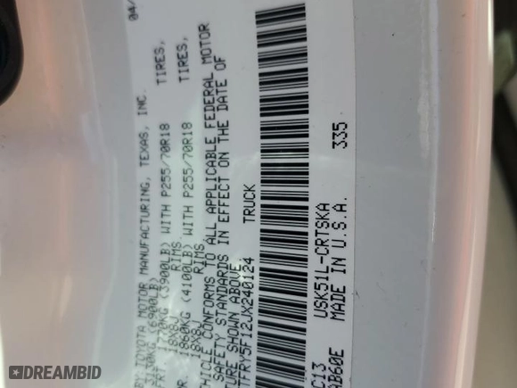 2018 Toyota Tundra 2WD SR with VIN 5TFRY5F12JX240124, listed as a Copart auction lot 46230385 with 103,119 mi miles and Salvage Title. Bid and sale history available at carsss.com. Image 14.