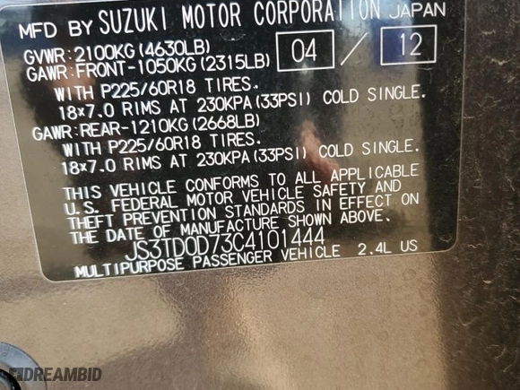 2012 Suzuki Grand Vitara Limited with VIN JS3TD0D73C4101444, listed as a Copart auction lot 72787824 with 51,055 mi miles and Clean Title. Bid and sale history available at carsss.com. Image 13.