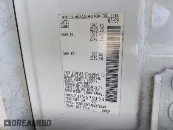 2009 Nissan Altima 2.5 S with VIN 1N4AL21E69N539133, listed as a IAAI auction lot 42072089 with 155,228 mi miles. Bid and sale history available at carsss.com. Image 9.