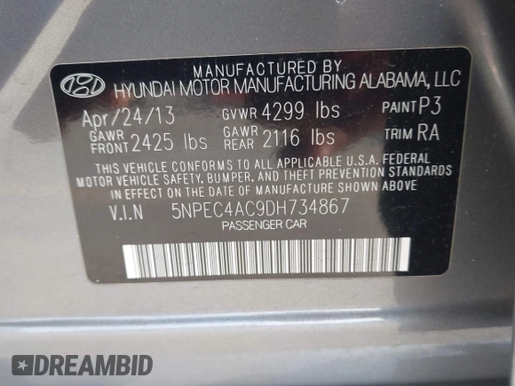 2013 Hyundai Sonata Limited with VIN 5NPEC4AC9DH734867, listed as a IAAI auction lot 41434287 with 196,721 mi miles and . Bid and sale history available at DreamBid. Image 9.