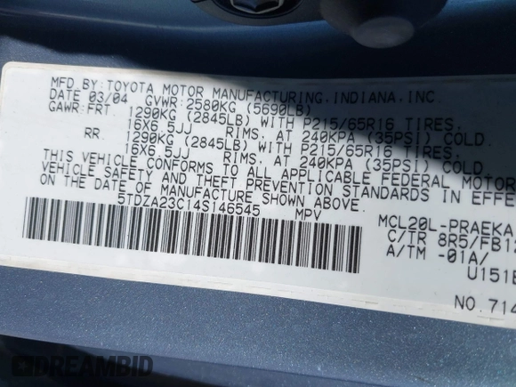 2004 Toyota Sienna CE with VIN 5TDZA23C14S146545, listed as a IAAI auction lot 42142654 with 260,031 mi miles and . Bid and sale history available at DreamBid. Image 9.