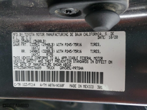 2021 Toyota Tacoma 4WD SR with VIN 3TMCZ5AN7MM376689, listed as a Copart auction lot 86500894 with 112,805 mi miles and Salvage Title. Bid and sale history available at carsss.com. Image 12.