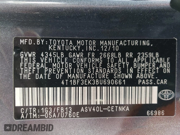 2011 Toyota Camry LE with VIN 4T1BF3EK3BU690661, listed as a Copart auction lot 45159595 with 167,441 mi miles and Salvage Title. Bid and sale history available at DreamBid. Image 13.