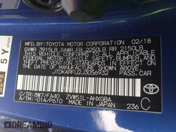 2018 Toyota Prius Two with VIN JTDKARFU2J3056932, listed as a IAAI auction lot 41637372 with 52,731 mi miles. Bid and sale history available at carsss.com. Image 8.
