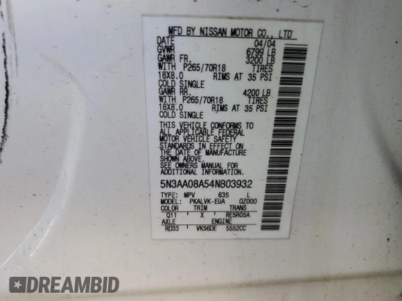 2004 Infiniti QX56 with VIN 5N3AA08A54N803932, listed as a Copart auction lot 83443694 with 0 mi miles and Salvage Title. Bid and sale history available at carsss.com. Image 15.