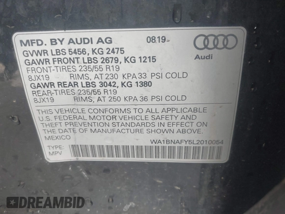 2020 Audi Q5 Premium Plus with VIN WA1BNAFY5L2010054, listed as a IAAI auction lot 41738526 with 83,152 mi miles. Bid and sale history available at carsss.com. Image 9.