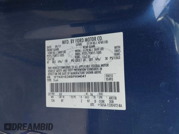 2011 Ford Ranger XL with VIN 1FTKR1ED6BPA94041, listed as a IAAI auction lot 42711486 with 233,670 mi miles and . Bid and sale history available at DreamBid. Image 9.