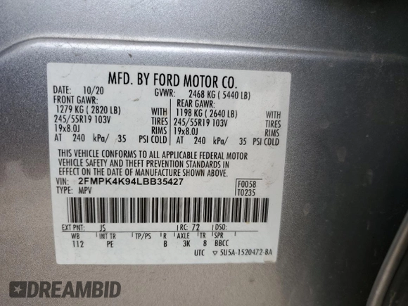 2020 Ford Edge Titanium с VIN 2FMPK4K94LBB35427, выставлен на аукционе Copart как лот 59682805 с пробегом 102 994 миль миль и Списание • Salvage title. История ставок и продаж доступна на DreamBid. Изображение 12.