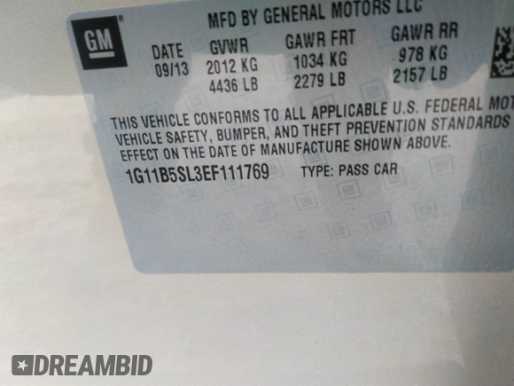 2014 Chevrolet Malibu LS with VIN 1G11B5SL3EF111769, listed as a IAAI auction lot 41485191 with 21,638 mi miles and . Bid and sale history available at DreamBid. Image 9.