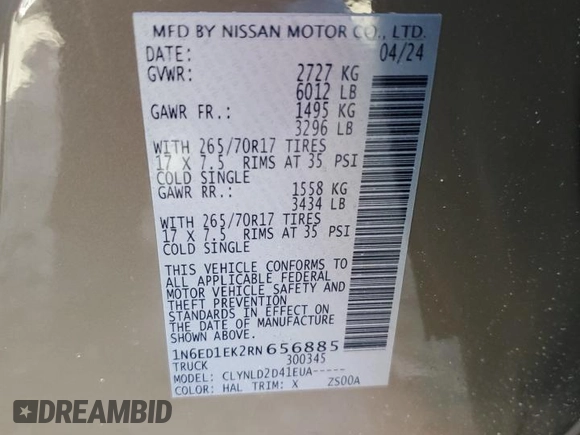 2024 Nissan Frontier Pro-4X with VIN 1N6ED1EK2RN656885, listed as a Copart auction lot 46604165 with 4,390 mi miles and Salvage title. Bid and sale history available at DreamBid. Image 12.