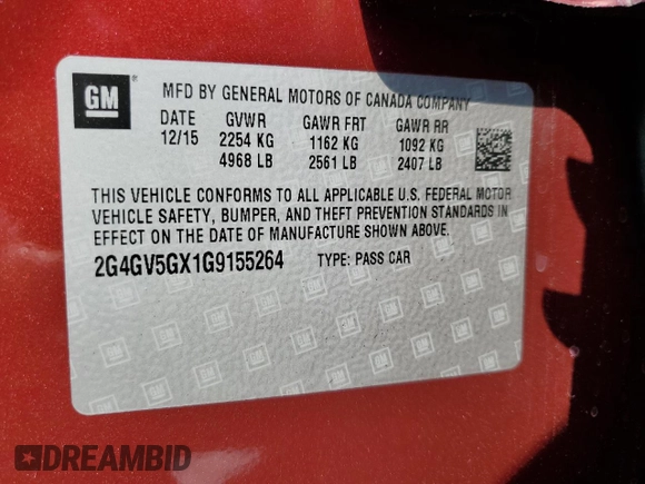 2016 Buick Regal GS with VIN 2G4GV5GX1G9155264, listed as a Copart auction lot 64977104 with 129,580 mi miles and Salvage Title. Bid and sale history available at DreamBid. Image 12.
