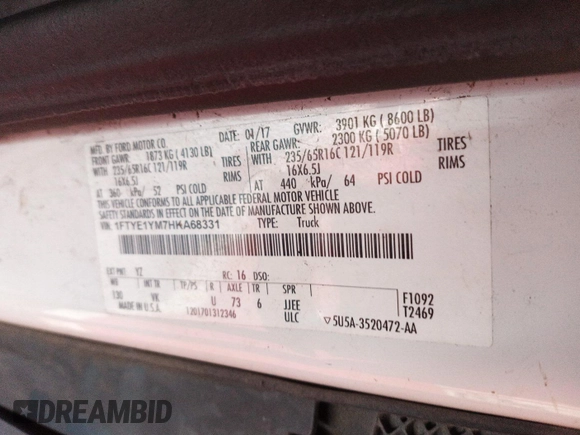 2017 Ford Transit with VIN 1FTYE1YM7HKA68331, listed as a IAAI auction lot 42819198 with 223,598 mi miles and . Bid and sale history available at DreamBid. Image 4.