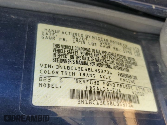 2008 Nissan Versa S z VIN 3N1BC13E58L353736, wystawiony jako Copart lot #57838105 z przebiegiem 131 105 mil mil oraz Szkoda całkowita • Salvage title. Historia ofert i sprzedaży dostępna na DreamBid. Obrazek 13.