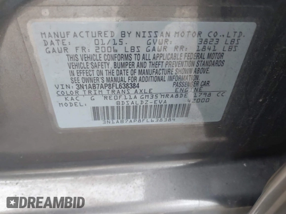 2015 Nissan Sentra SR with VIN 3N1AB7AP8FL638384, listed as a IAAI auction lot 41321674 with 104,023 mi miles and . Bid and sale history available at DreamBid. Image 9.