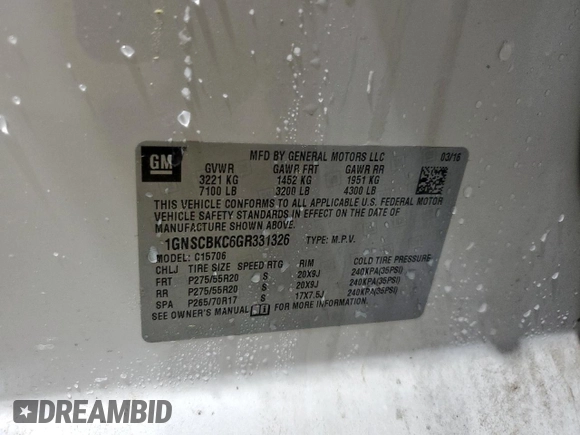 2016 Chevrolet Tahoe LT with VIN 1GNSCBKC6GR331326, listed as a Copart auction lot 56574375 with 149,867 mi miles and Clean title. Bid and sale history available at DreamBid. Image 13.