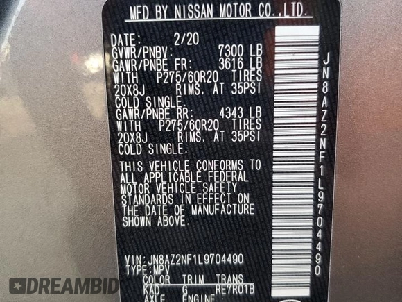 2020 Infiniti QX80 Luxe z VIN JN8AZ2NF1L9704490, wystawiony jako Copart lot #54728715 z przebiegiem 116 250 mil mil oraz Szkoda całkowita • Salvage title. Historia ofert i sprzedaży dostępna na DreamBid. Obrazek 13.
