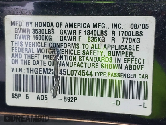 2005 Honda Civic Cpe LX with VIN 1HGEM22545L074544, listed as a IAAI auction lot 41753533 with 1 mi miles. Bid and sale history available at carsss.com. Image 9.