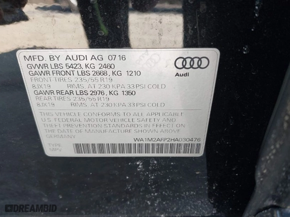 2017 Audi Q5 Premium Plus with VIN WA1M2AFP2HA030476, listed as a IAAI auction lot 41646804 with 73,111 mi miles. Bid and sale history available at carsss.com. Image 9.