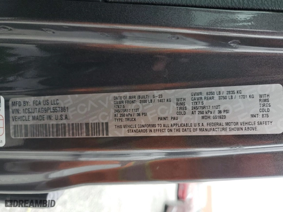 2023 Jeep Gladiator Freedom with VIN 1C6JJTAG9PL557861, listed as a Copart auction lot 50452955 with 44,716 mi miles and Salvage Title. Bid and sale history available at carsss.com. Image 12.