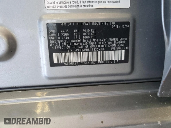 2011 Subaru Legacy Prem with VIN 4S3BMBB61B3227807, listed as a Copart auction lot 58426965 with 225,888 mi miles and Non repairable. Bid and sale history available at DreamBid. Image 12.