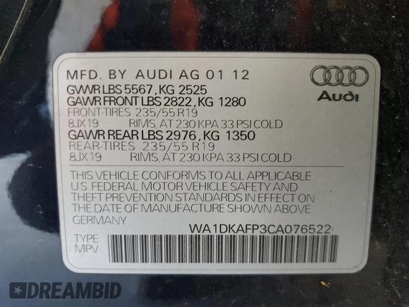 2012 Audi Q5 3.2L Premium Plus with VIN WA1DKAFP3CA076522, listed as a Copart auction lot 47505085 with 239,536 mi miles and Salvage Title. Bid and sale history available at carsss.com. Image 16.
