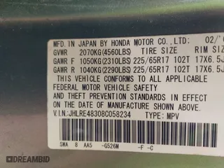 2008 Honda CR-V LX with VIN JHLRE48308C058234, listed as a IAAI auction lot 41876319 with 236,652 mi miles. Bid and sale history available at carsss.com. Image 9.