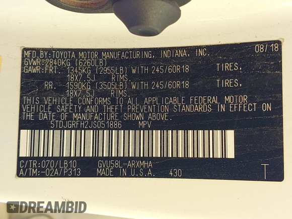 2018 Toyota Highlander Hybrid XLE с VIN 5TDJGRFH2JS051886, выставлен на аукционе IAAI как лот 42739821 с пробегом 131 880 миль миль и . История ставок и продаж доступна на DreamBid. Изображение 9.