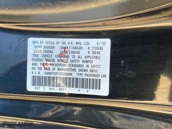 2002 Honda Civic Si with VIN SHHEP33512U305844, listed as a Copart auction lot 76637184 with 202,342 mi miles and Clean Title. Bid and sale history available at carsss.com. Image 10.