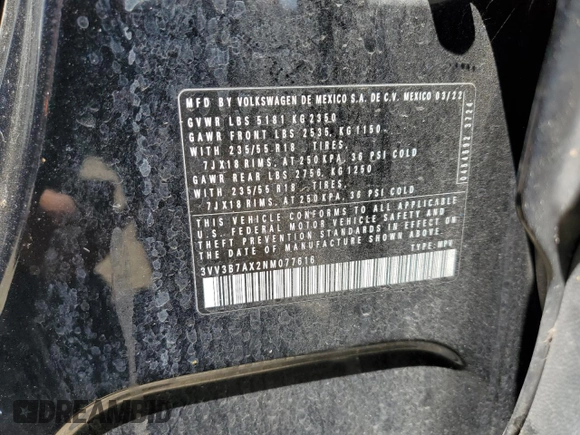 2022 Volkswagen Tiguan SE with VIN 3VV3B7AX2NM077616, listed as a Copart auction lot 57145995 with 53,495 mi miles and Salvage title. Bid and sale history available at DreamBid. Image 13.
