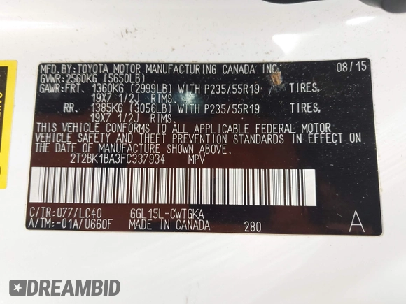2015 Lexus RX 350 with VIN 2T2BK1BA3FC337934, listed as a IAAI auction lot 42221535 with 154,914 mi miles and . Bid and sale history available at DreamBid. Image 9.