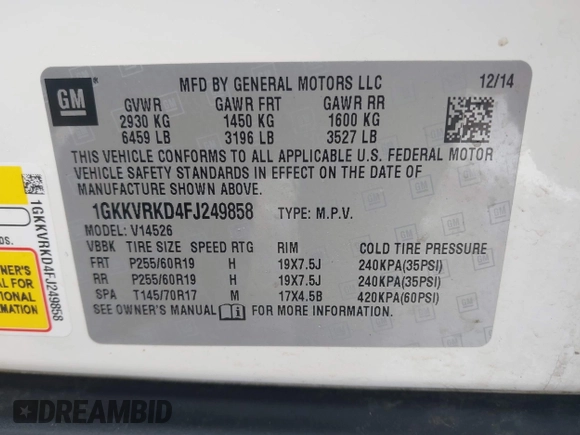 2015 GMC Acadia SLT with VIN 1GKKVRKD4FJ249858, listed as a IAAI auction lot 41678684 with 107,723 mi miles. Bid and sale history available at carsss.com. Image 9.