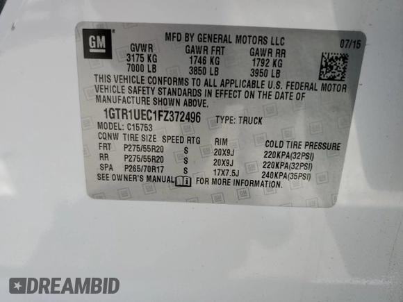 2015 GMC Sierra 1500 SLE z VIN 1GTR1UEC1FZ372496, wystawiony jako Copart lot #51245995 z przebiegiem 153 592 mil mil oraz Szkoda całkowita • Salvage title. Historia ofert i sprzedaży dostępna na DreamBid. Obrazek 13.