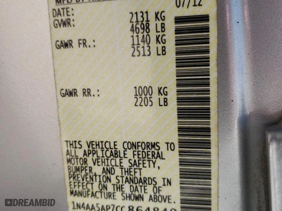 2012 Nissan Maxima 3.5 S with VIN 1N4AA5AP7CC864840, listed as a Copart auction lot 47652475 with 140,047 mi miles and Salvage Title. Bid and sale history available at carsss.com. Image 12.