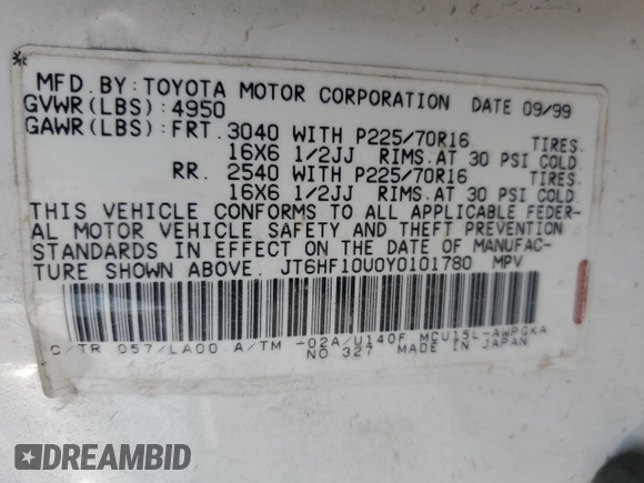 2000 Lexus RX 300 with VIN JT6HF10U0Y0101780, listed as a Copart auction lot 76638894 with 0 mi miles and Clean Title. Bid and sale history available at carsss.com. Image 13.